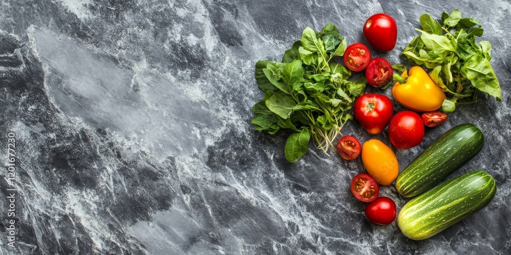 Poster Fresh vegetables arranged on a stone background create a vibrant display. This top view showcases the fresh vegetables beautifully against the stone background texture.