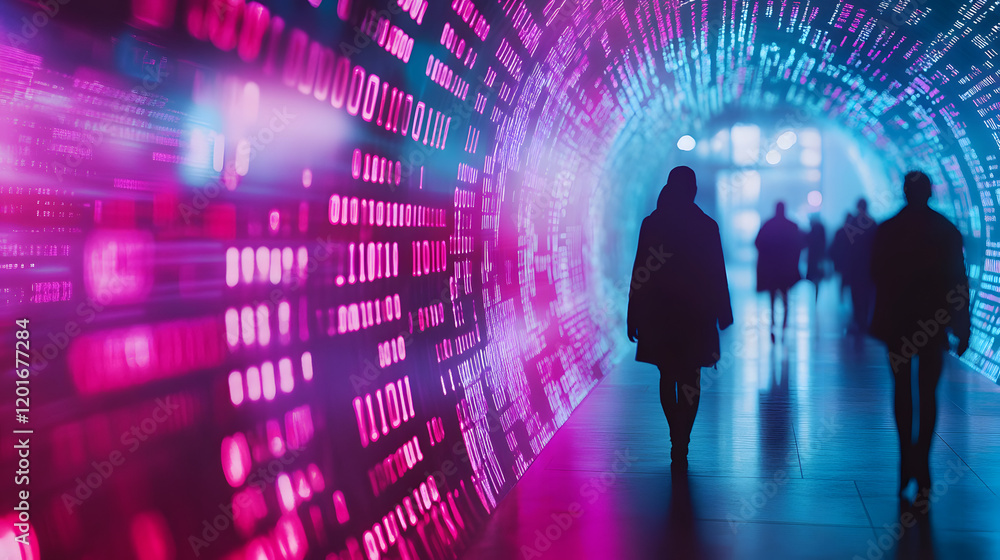 Poster silhouettes of people walking in a digital tunnel with binary code and glowing pink and blue light, 