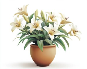 A beautiful arrangement of white lilies in a ceramic pot, symbolizing purity and elegance.