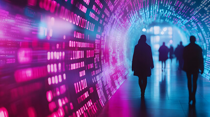 Silhouettes of people walking in a digital tunnel with binary code and glowing pink and blue light, symbolizing technology and connectivity.