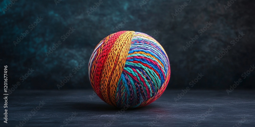 Poster vibrant cloth ball displayed on a dark background, showcasing the intricate textures and colors, the