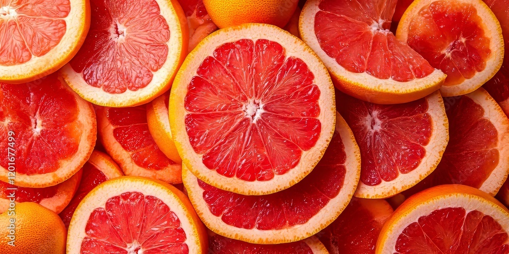 Aufkleber Top view of vibrant red grapefruit slices arranged beautifully, showcasing the fresh and juicy qualities of red grapefruit. This image highlights the rich color and texture of red grapefruit slices.