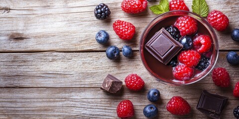 Delight in a tasty chocolate and berry cocktail featuring fresh berries and sweets, beautifully presented on a light wooden background, showcasing the vibrant flavors of the tasty chocolate and berry