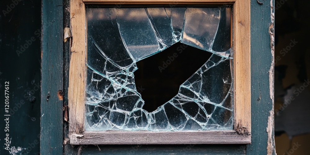 Aufkleber Selective blur effect highlights the shattered glass of a broken window. The broken window, framed in wood, captures the essence of neglect in an abandoned and vandalized property.