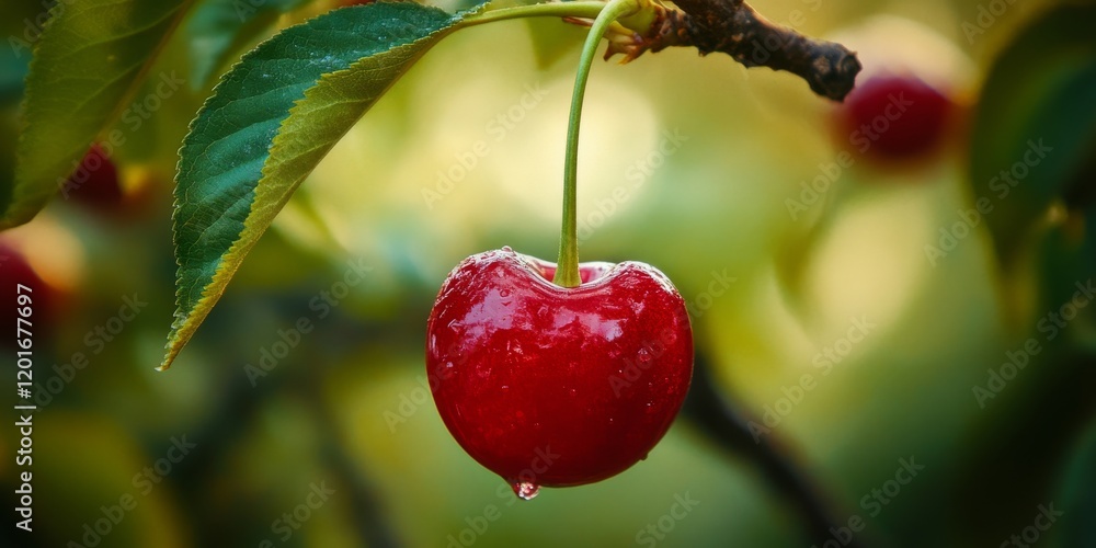 Poster close up of a vibrant red ripe cherry hanging from a branch, showcasing the rich color and tempting 