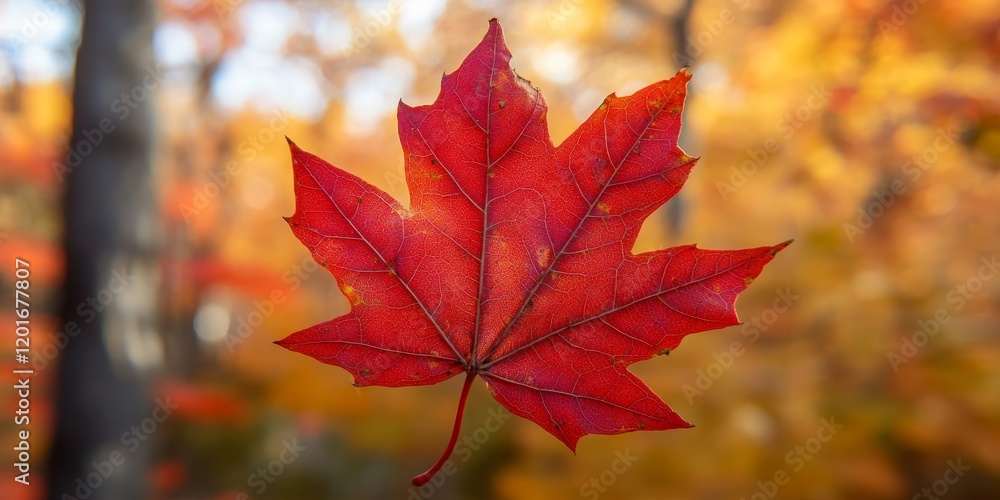 Aufkleber portrait of a red maple leaf resting atop trees in a park outdoors, showcasing the vibrant colors an
