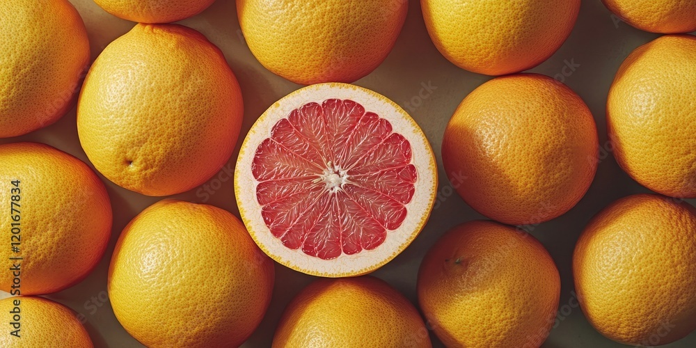 Poster close up view of a grapefruit half alongside a collection of grapefruits, showcasing the vibrant col
