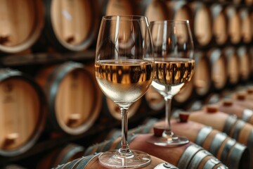 Professional sommelier examining white wine in a wine cellar setting with intense focus