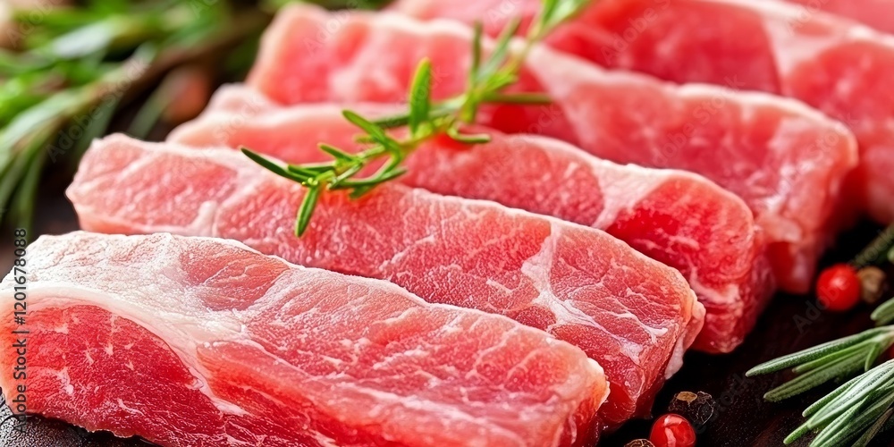 Poster Fresh raw pork pieces displayed in an isolated setting, showcasing the quality and texture of fresh raw pork for culinary uses and recipes featuring fresh raw pork.