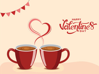 Happy Valentine's Day Greeting Card with Pair of Coffee Cup on Beige Background.