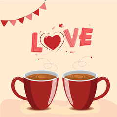 Happy Valentine's Day Greeting Card with Love Text and Pair of Coffee Cup on Beige Background.
