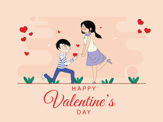 Happy Valentine's Day Greeting Card with Cartoon Boy Proposing to His Girlfriend Illustration.