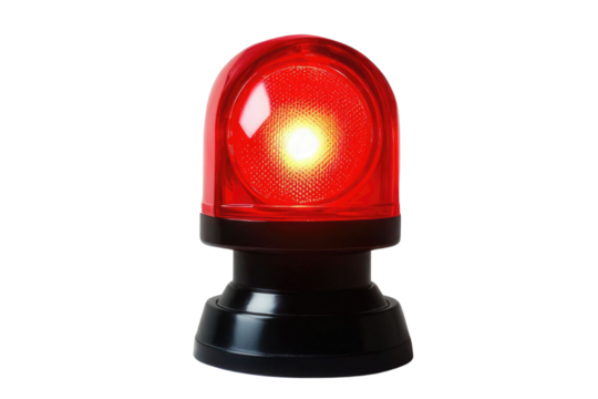 Red siren emergency warning light with black base that are currently on with white background PNG