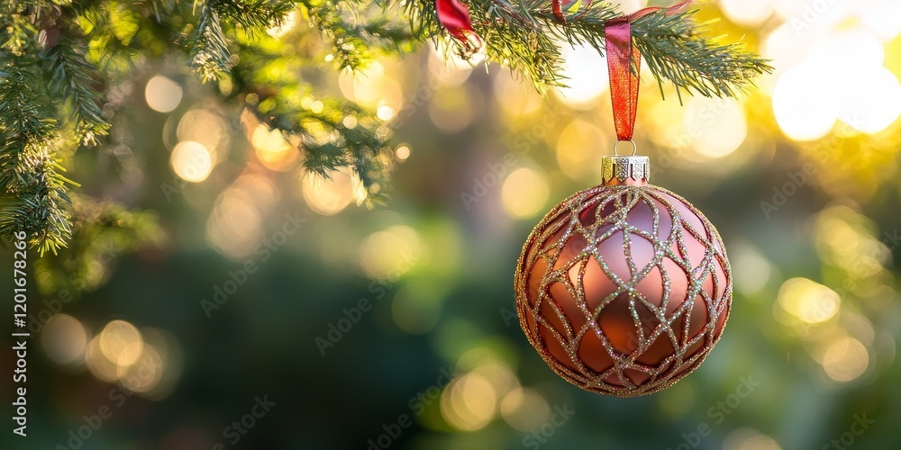 Aufkleber christmas ball adorned with ribbons hanging on a tree, surrounded by a bright and blurred natural ga