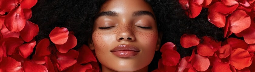 Fototapeta premium Hope Valentine, a Serene Beauty Immersed in a Cascade of Crimson Rose Petals, Embracing Passion and Romance in the Air This breathtaking image captures the essence of love, beauty, and tranquility, a