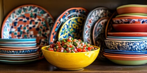 Fototapeta premium A vivid yellow ceramic bowl filled with lively salsa is positioned in front of an open kitchen cabinet adorned with a variety of colorful plates.