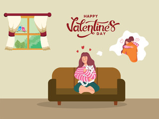 Happy Valentine's Day Poster Design with Cartoon Girl Imagine Hugging Her Partner and Cat Pet at Sofa.