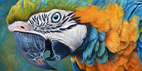 Obraz premium Close up image featuring a vibrant Blue and Gold Macaw, showcasing its stunning colors and intricate details. The close up highlights the beauty of the Blue and Gold Macaw in a captivating way.