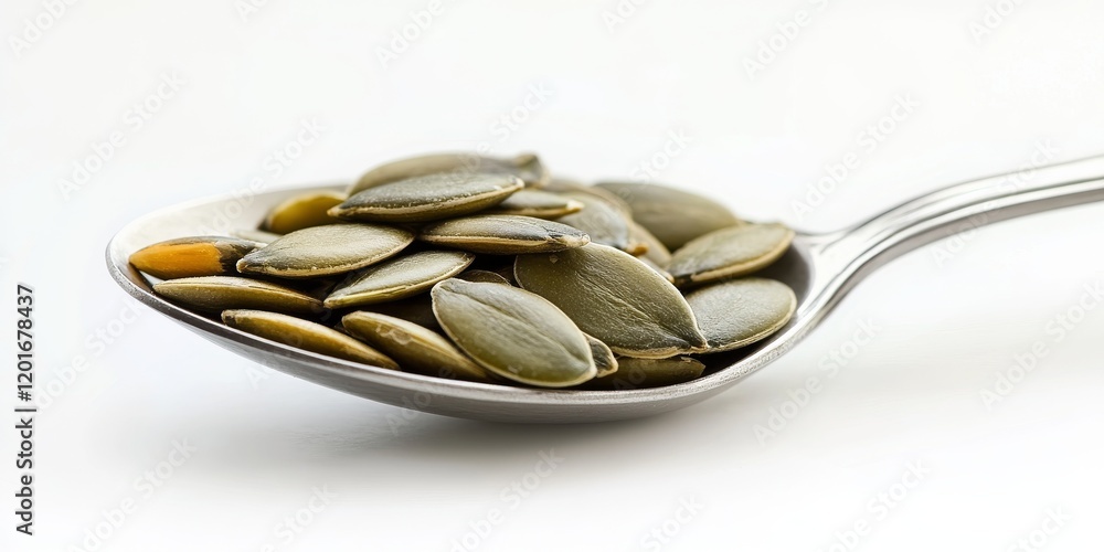 Poster isolated on a white background, this image features a spoon filled with pumpkin seeds, showcasing th