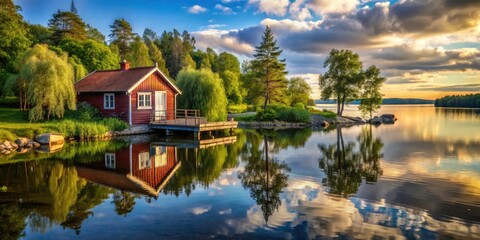 Fototapeta premium Peaceful Swedish lake house view: breathtaking nature, expertly composed using the rule of thirds.
