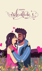 Happy Valentine's Day Greeting Card with Romantic Couple Character on Floral Background.