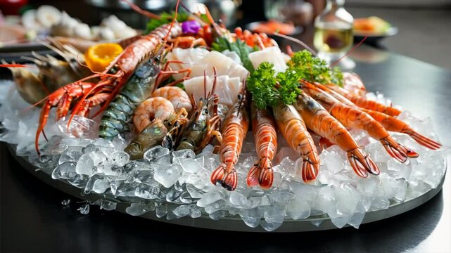Fresh seafood platter featuring shrimp, lobster, and shellfish on ice, garnished with herbs and citrus for vibrant feast of ocean delicacies.