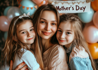 Obraz premium Happy mother's day celebration with smiling family surrounded by festive balloons.