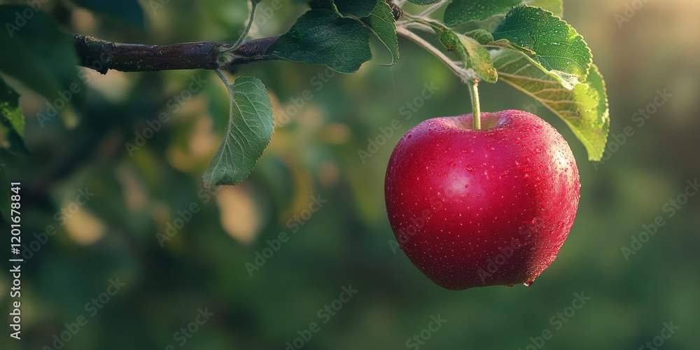 Poster vibrant and delicious red apple hanging from an apple tree branch in an orchard, showcasing the beau