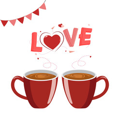 Happy Valentine's Day Greeting Card with Love Text and Pair of Coffee Cup on Png Background.