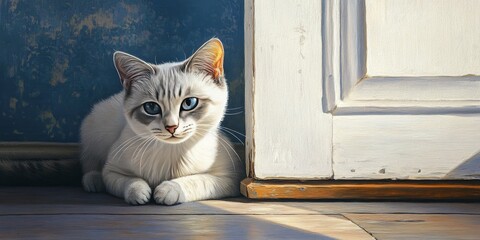 Portrait of a gray faced white cat sitting on the floor in the morning, eagerly awaiting food and playtime outside, capturing the essence of a cat s curious nature and playful spirit.