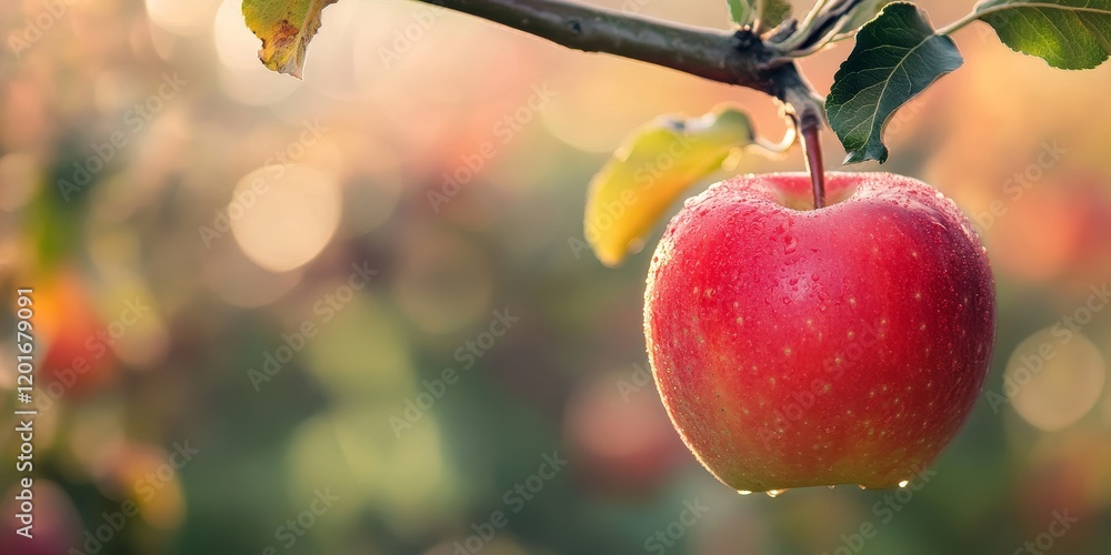 Poster red apple suspended from a tree in an orchard, showcasing its vibrant hue against a softly blurred b