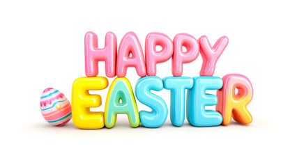 Happy Easter holiday card with Happy Easter text in 3D letters, accompanied by colorful decorated eggs on white background. Concept of festive cheer, spring celebration and congratulation