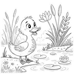 duck and ducklings . black and white simple line art. Perfect for kids' coloring activities.
