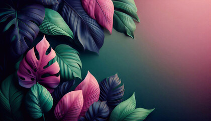 Elegant tropical foliage with green and pink leaves on a smooth gradient background.