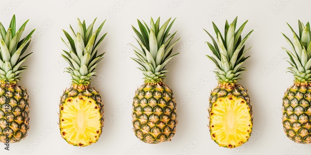 Poster fresh ripe pineapples displayed on a clean white background, showcasing the vibrant color and textur