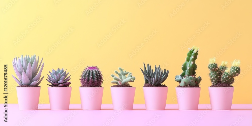 Poster charming little cacti and succulents in light pink pots create a delightful interior decoration, per