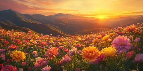 Fototapeta premium Kelsang flowers bloom vibrantly at sunrise, showcasing their lush beauty. The Kelsang flowers create a stunning display as the sun rises, highlighting their exquisite colors and form.