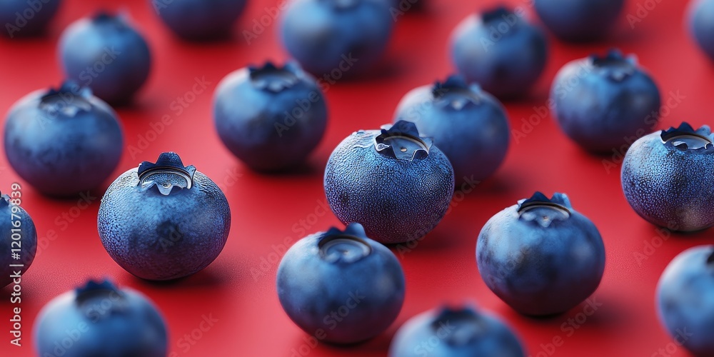Poster fresh blueberries are isolated on a vibrant red background for a striking closeup. this captivating 