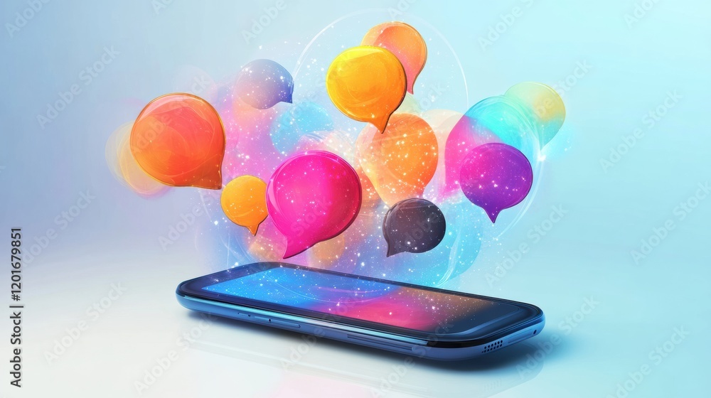 Poster bright chat bubbles float out of a smartphone indicating lively digital conversations and connection