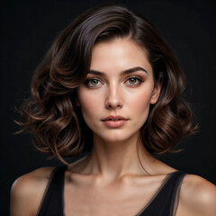 Obraz premium Portrait of woman with curled Italian bob hairstyle, black background
