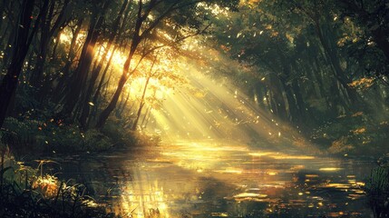 Sunbeams illuminating a tranquil forest stream.