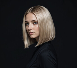 Naklejka premium Elegant woman showcasing a long bob hairstyle, studio portrait