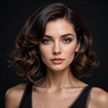 Portrait of woman with curled Italian bob hairstyle, black background