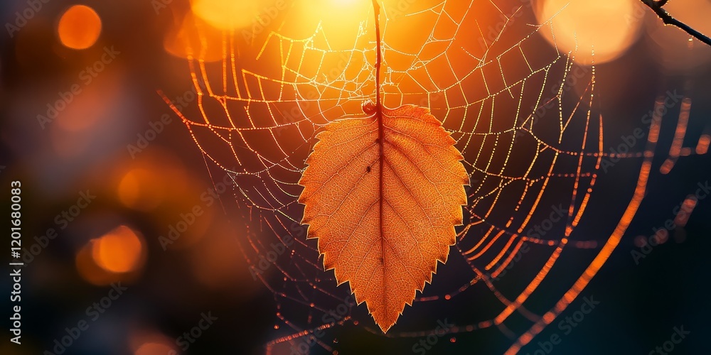 Poster Blurred backlight highlights a leaf against a captivating web, creating an enchanting scene filled with sunset light, showcasing the beauty of nature with soft, ethereal visuals in backlight and leaf.