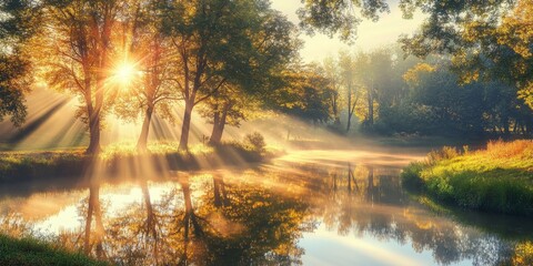 Sunny morning features sun rays shining through trees, casting reflections on the water by the river bank. Enjoy the beauty of a sunny morning with nature s vibrant elements.