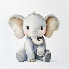 A watercolor painting of a cartoon toy elephant against a white background.