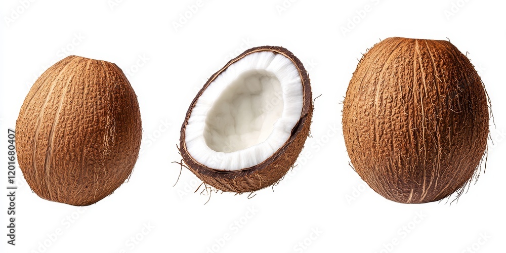Poster Coconuts isolated on a white background create a fresh and tropical appeal. These coconuts bring the essence of the tropics and are perfect for a variety of creative projects.