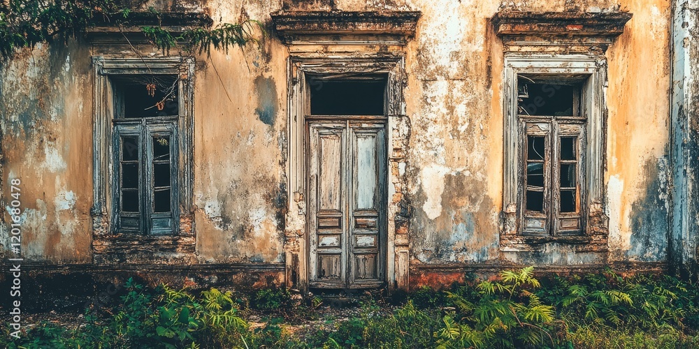 Aufkleber a weathered and decaying abandoned building showcasing its old architecture in a secluded setting, highlighting the charm of an old ruined abandoned building through its remarkable features