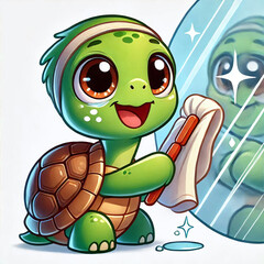 Obraz premium Happy Turtle Holding a Cloth and Cleaning a Sparkling Mirror