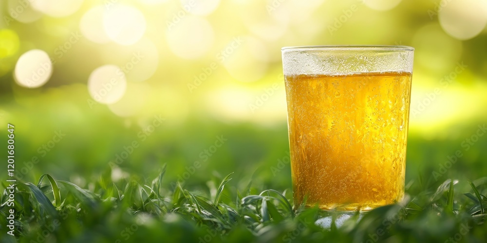 Poster a refreshing glass of green tea set against a background of lush green grass, featuring ample space 
